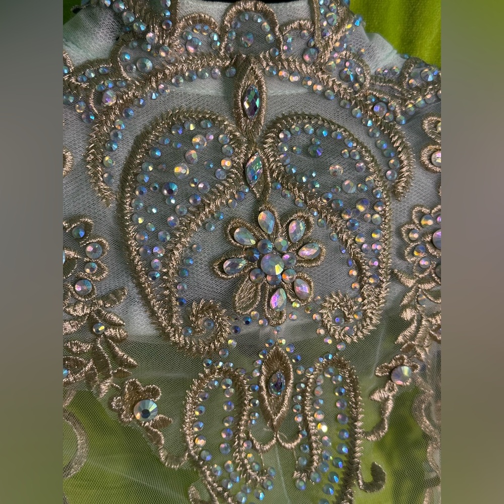 Vintage Indian Bridal Cloak Mint Green Rhinestone Embellished Cape Tulle Mesh OS